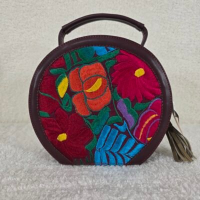Round Chiapas Loom Embroidered Burgundy Vegan Leather Crossbody Handbag