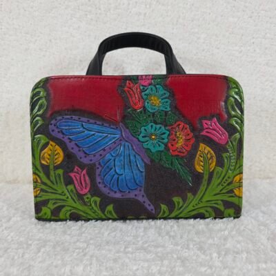 Butterfly Floral Embossed & Hand Painted Mexican Vegan Leather Crossbody Handbag