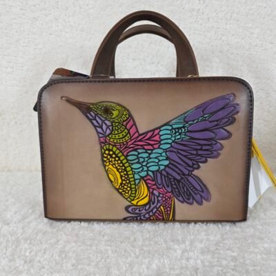 Colorful Colibrí Embossed & Hand Painted Mexican Brown Vegan Leather Handbag