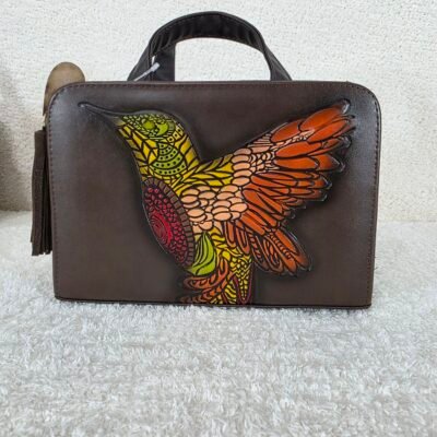 Colorful Colibrí Embossed & Hand Painted Mexican Chocolate Brown Vegan Leather Handbag